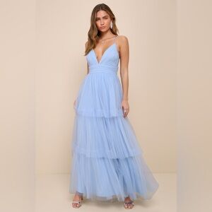 Lulu’s Charming Glamour Light Blue Tulle Sleeveless Tiered Maxi Dress